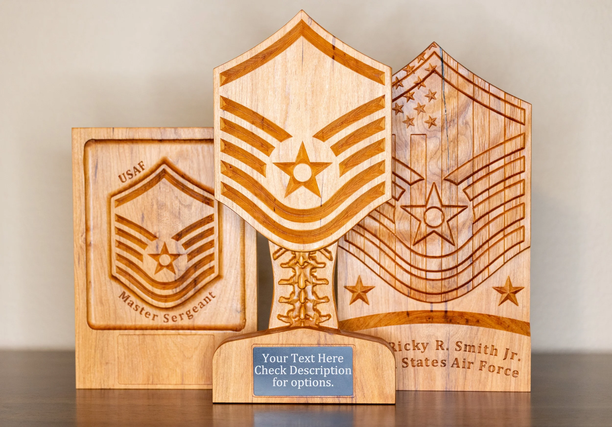 Wooden military rank insignia plaques with stars and stripes, including an area for customization and a label that reads "Your Text Here" and "Check Description for options."