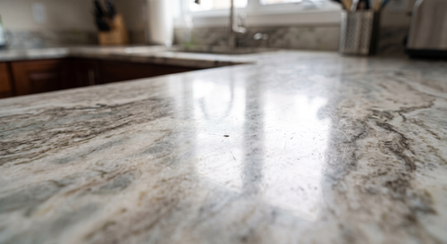 Scratched and chipped quartzite countertop before repair