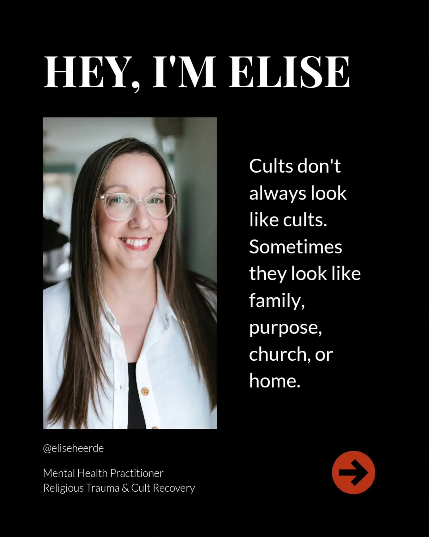 If you've ever felt like you lost yourself inside a group, a belief system, a church, a community, or a leader &mdash; this page is for you.

Hi, I'm Elise. I'm a mental health practitioner, certified coach, author, and someone who has lived through 