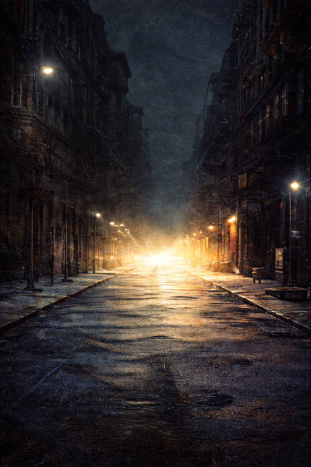 Dark, empty urban street at night with streetlights and a bright, glowing light in the distance illuminating the road.