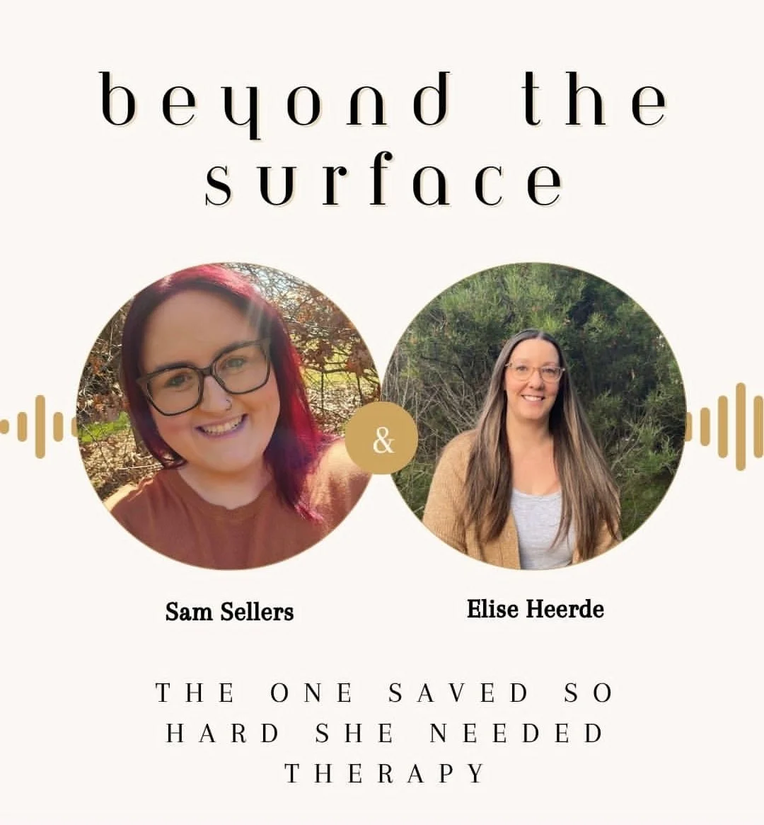 Book cover titled "Beyond the Surface" with photos of Sam Sellers and Elise Heerde, and the subtitle "The one saved so hard she needed therapy."