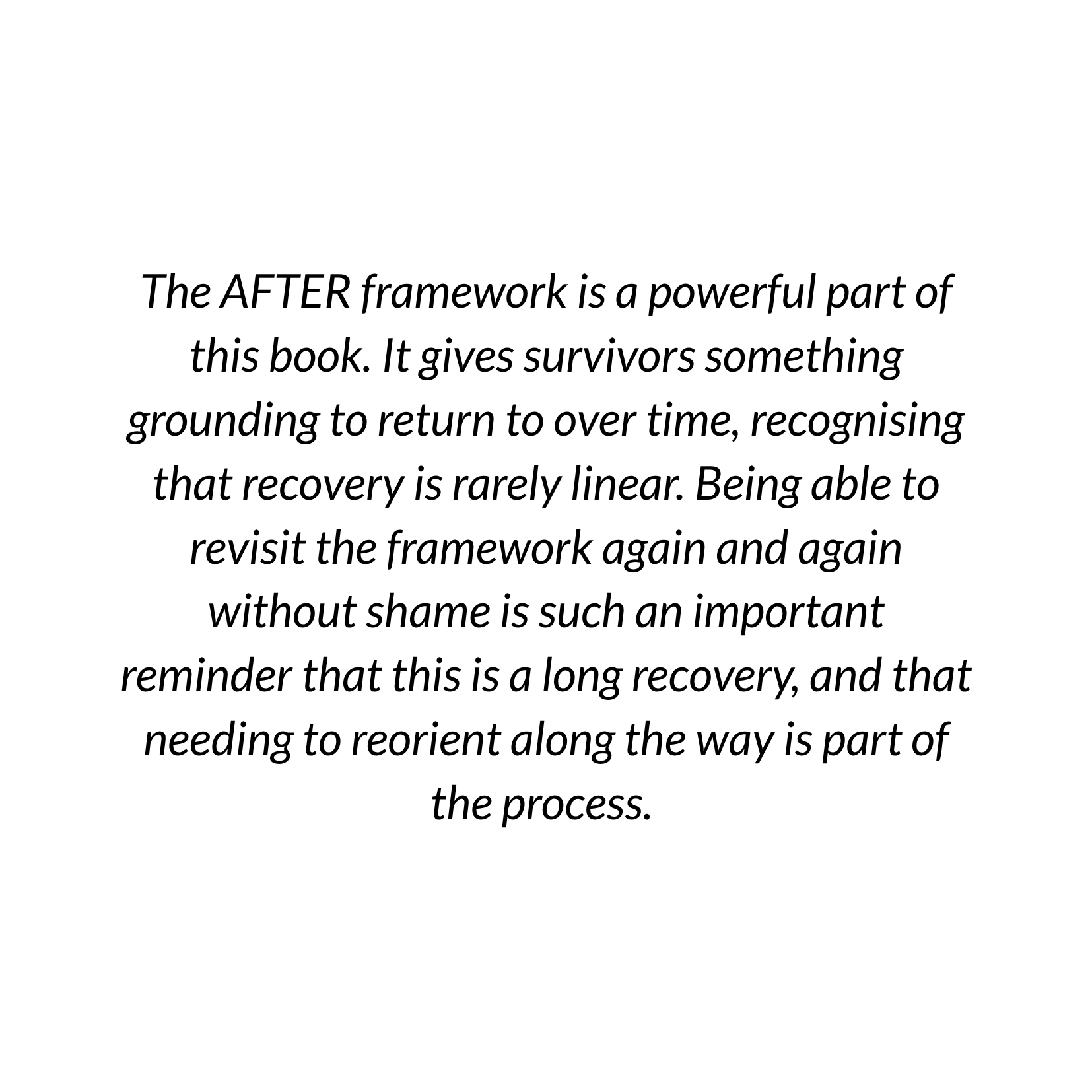 Page of text discussing the importance of the AFTER framework for survivors and recovery.