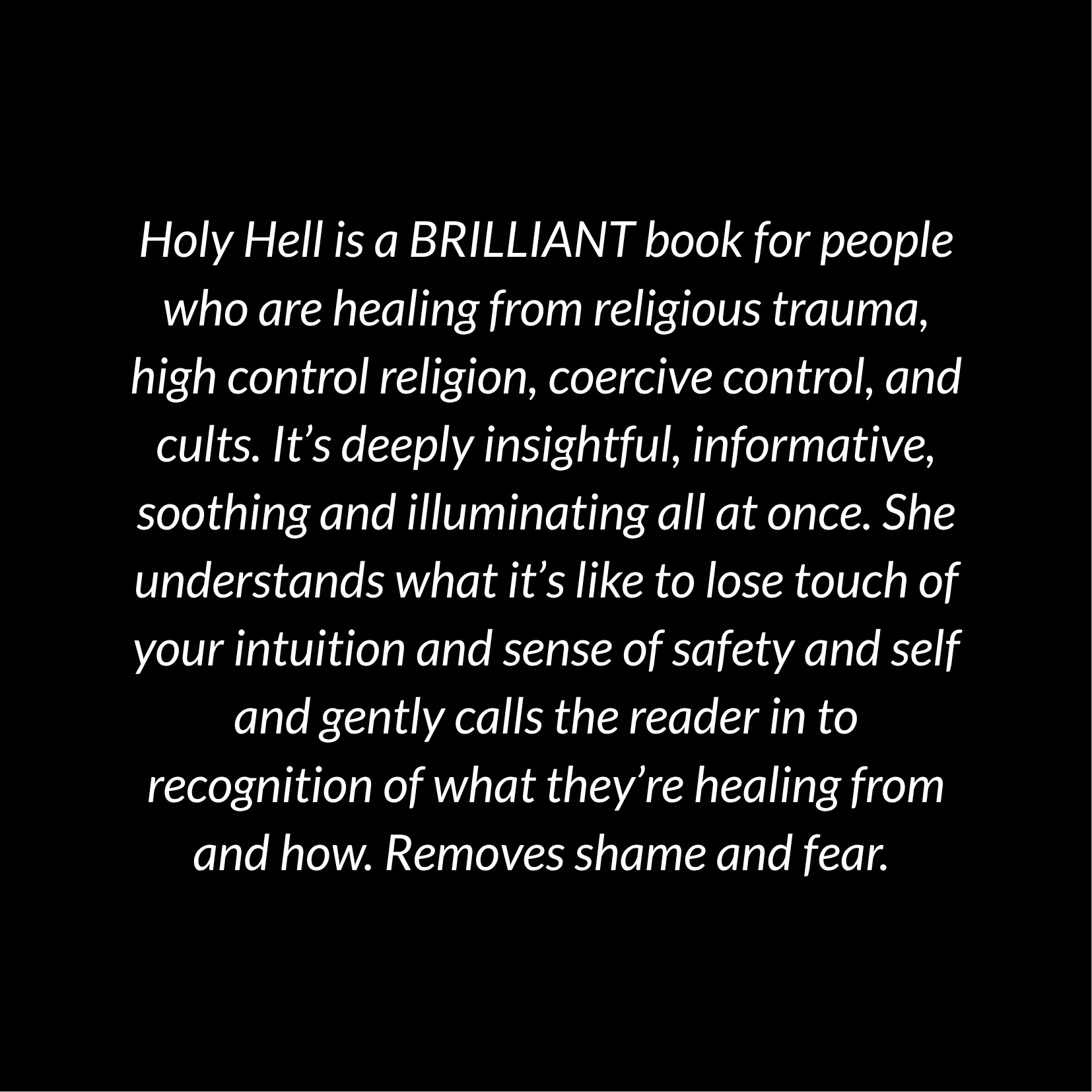 Close-up of a book page with white text on a black background discussing healing from religious trauma and cults