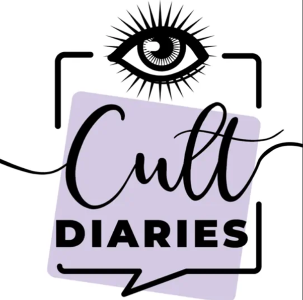 Logo with an eye at the top, the word 'Cult' in script font on a purple background, and the word 'Diaries' in bold uppercase below, enclosed by a speech bubble outline.