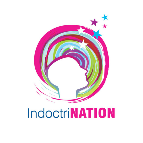 A stylized silhouette of a person's head with colorful swirling lines and stars around it, plus the text 'Indoctrination' with 'NATION' in bold pink.
