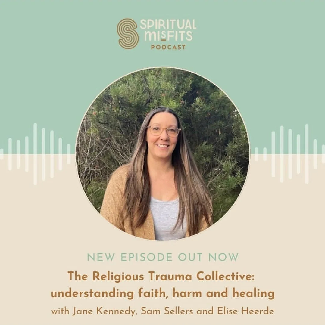 Promotional graphic for the Spiritual Misfits podcast featuring a smiling woman with long hair and glasses, outdoors with trees in the background, with text about a new episode on understanding faith, harm, and healing.