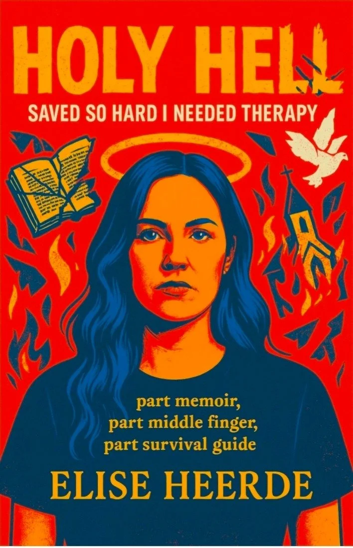 Book cover with a stylized illustration of a woman with blue wavy hair, a halo, and surrounded by religious and fiery symbols, featuring the title "Holy Hell" and the author's name Elise Heerde.