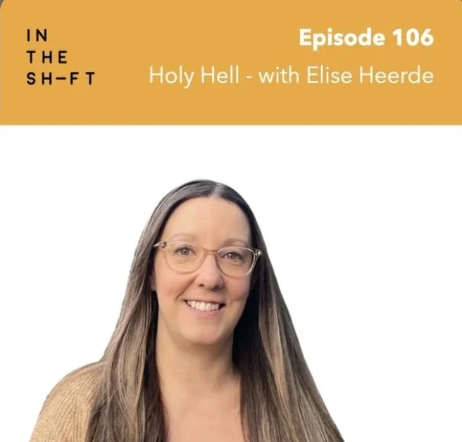 Podcast cover featuring a woman with glasses and long hair, smiling, with gold and white background, text about episode 106 of Holy Hell with Elise Heerde.