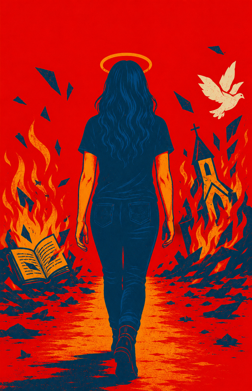A woman with long wavy hair, wearing a dark shirt and jeans, walking towards a fiery background with burning flames, a church, an open book, and a dove, with a halo around her head.