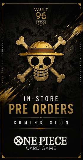 Promotional poster for One Piece card game, featuring a gold skull and crossbones wearing a straw hat, with black and gold accents, indicating in-store pre-orders coming soon.