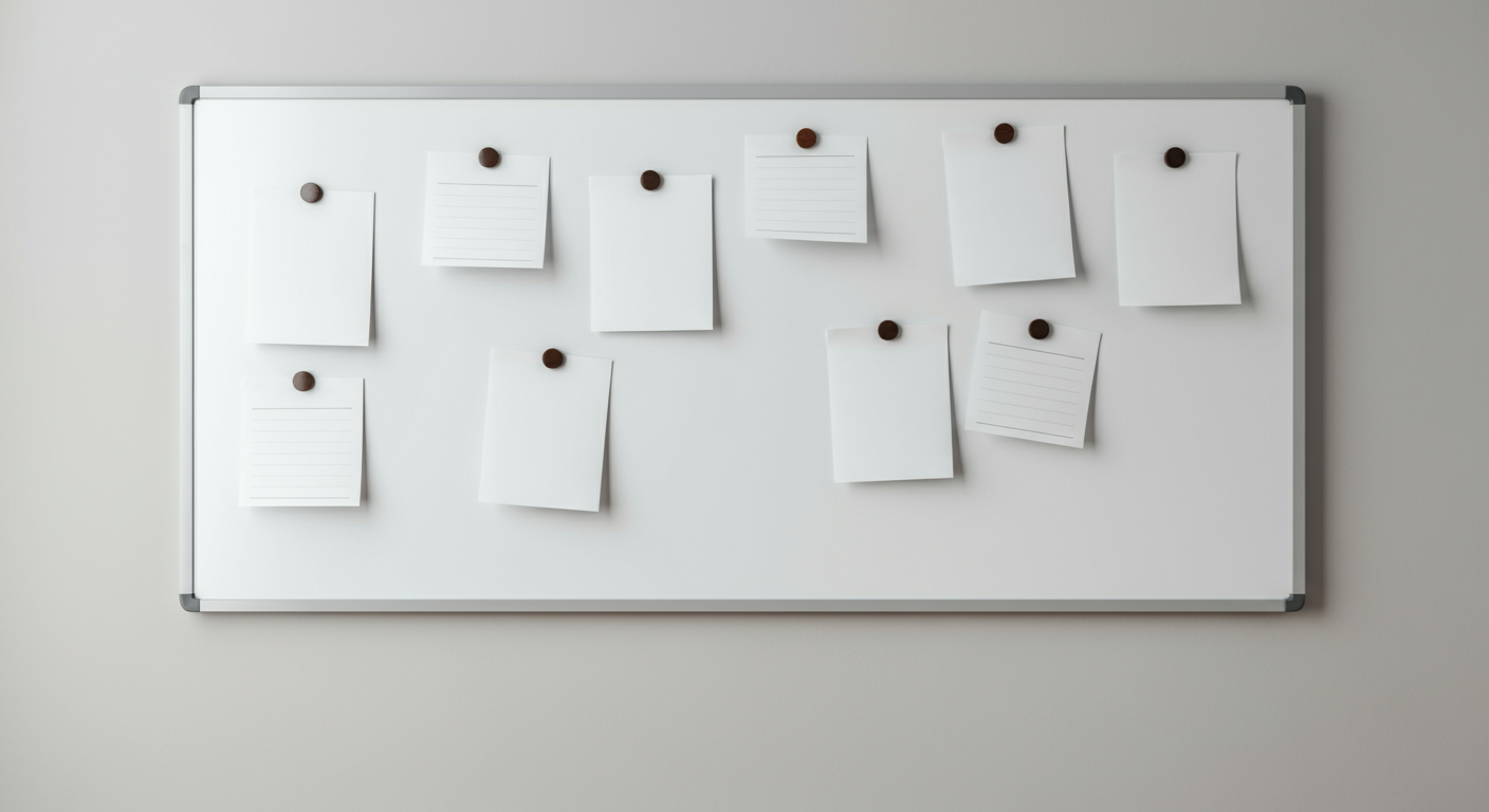Whiteboard with various blank papers attached with magnets.