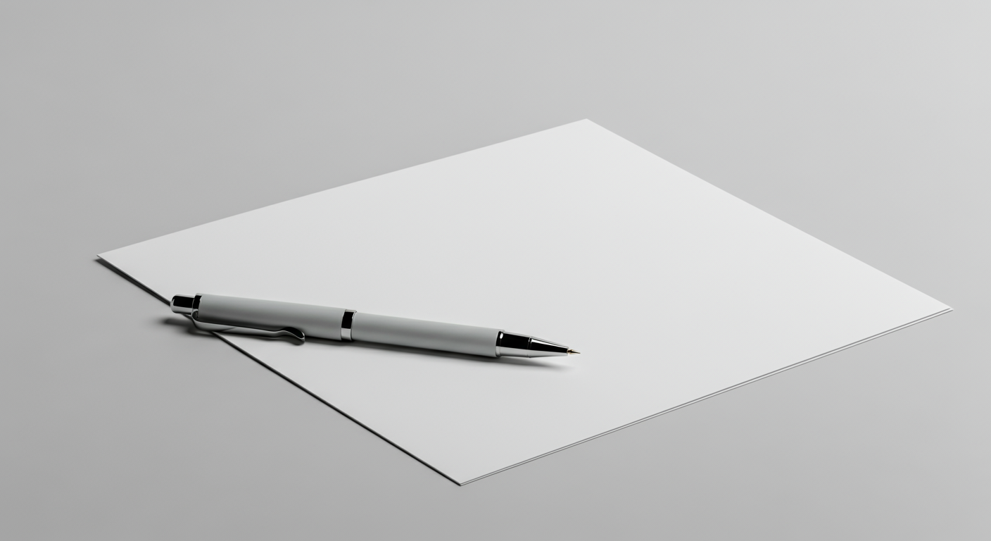 A white paper and a silver pen resting on top of it, placed on a light gray surface.