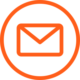 Email icon with an orange outline of an envelope inside a circle on a black background.