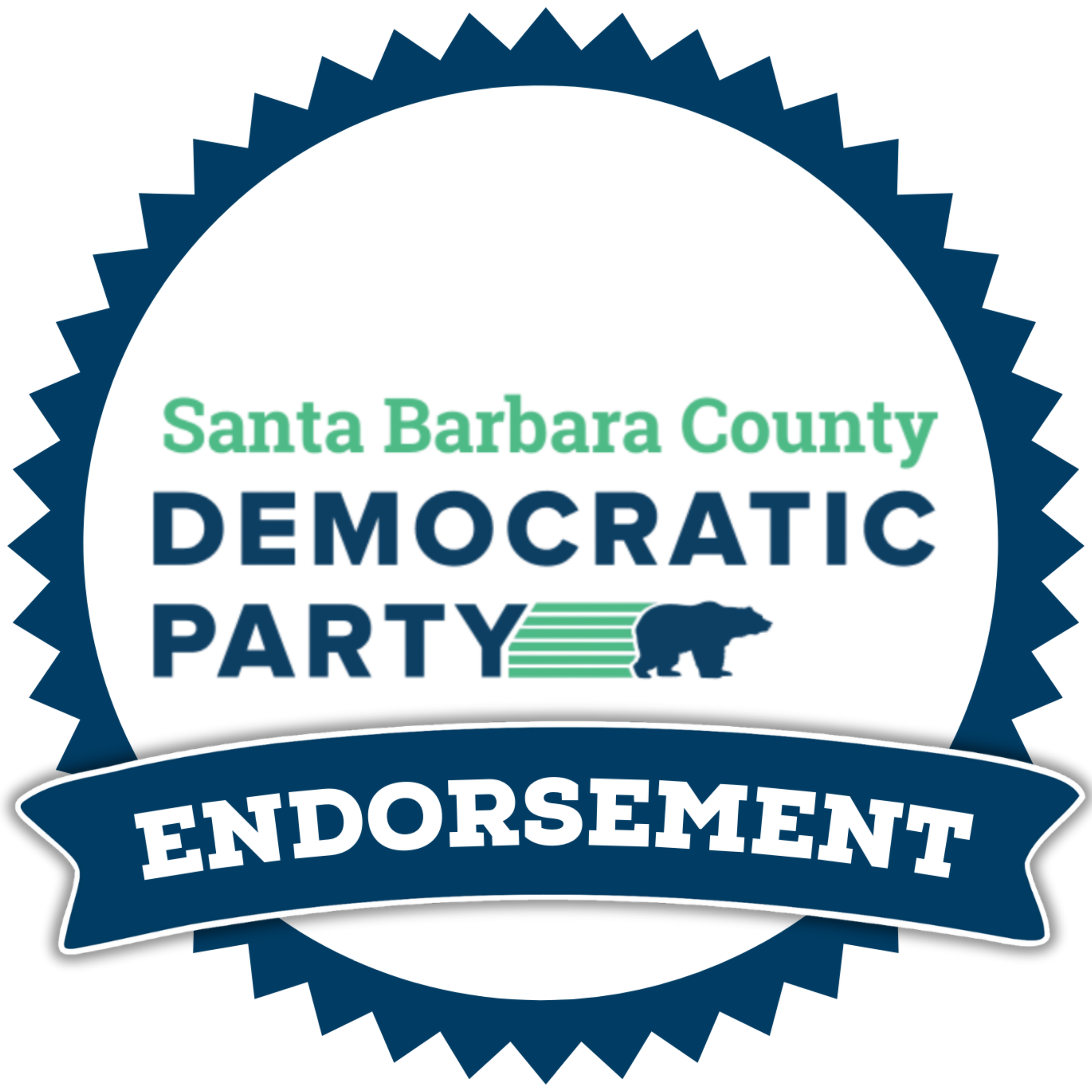 Badge that reads 'Santa Barbara County Democratic ENDORSEMENT' with a donkey logo and starburst edges