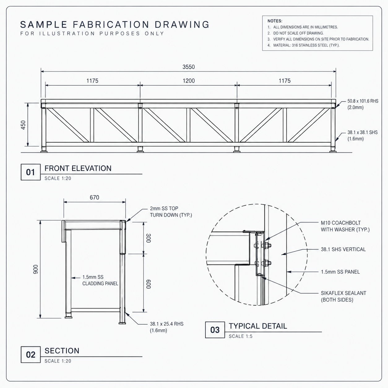 Example of a production-ready fabrication drawing by ARTK Solutions, including dimensions, sections and fabrication details.