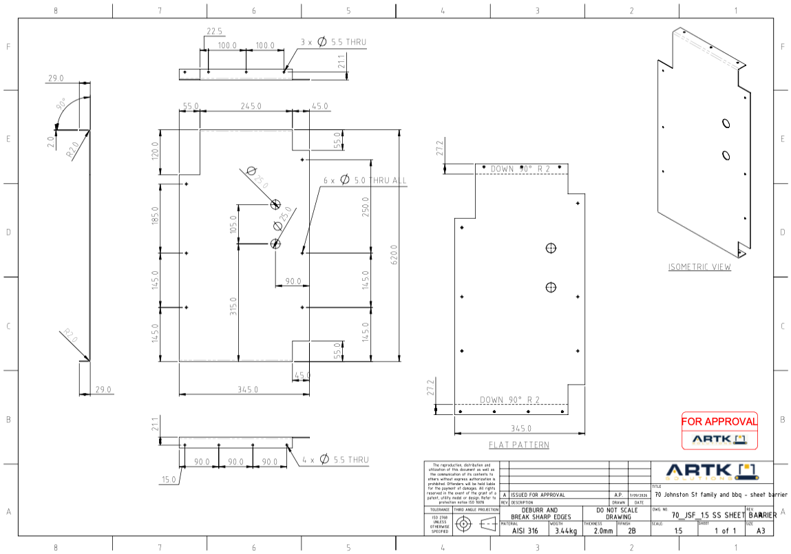 Production-ready sheet metal fabrication drawing by ARTK Solutions showing dimensions, flat pattern, bend details and isometric view.