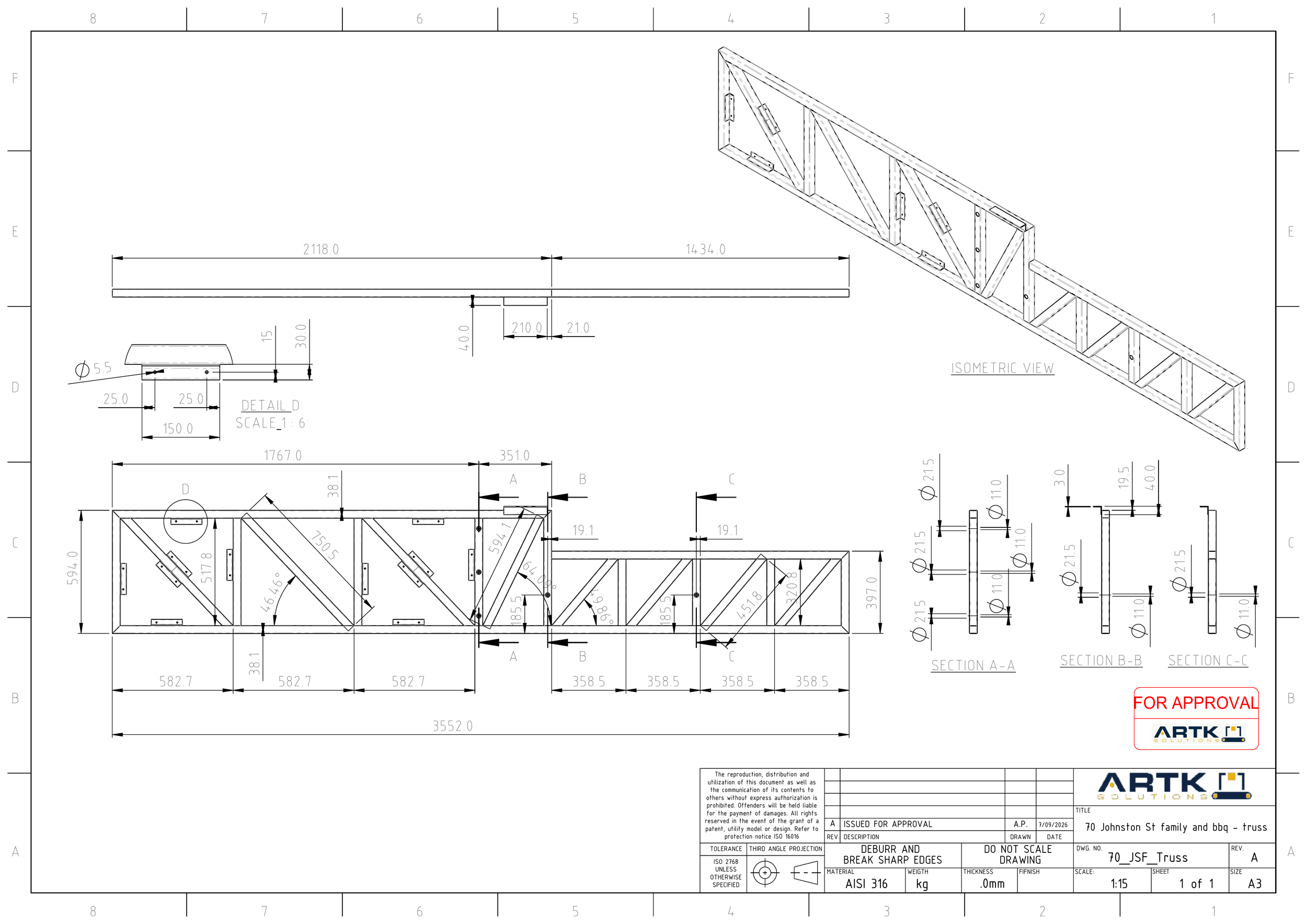 Fabrication drawing showing structural steel truss details, dimensions and fabrication specifications.