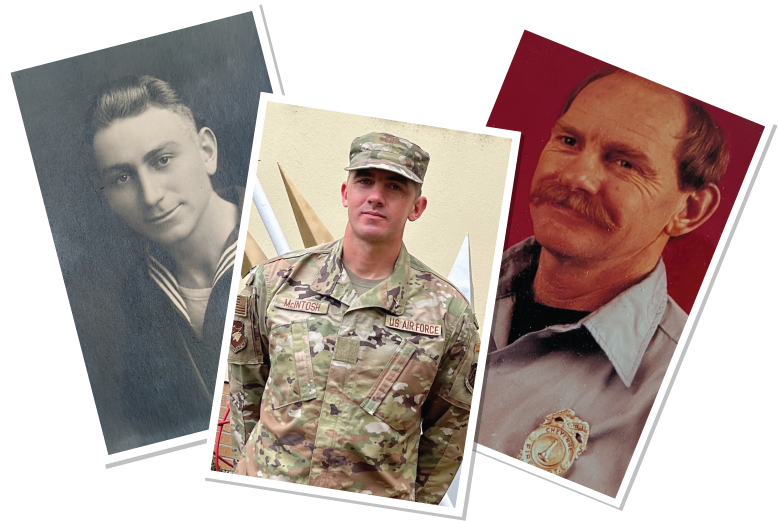 Dan in uniform, Great Uncle in WWII uniform, and Dad in firefighting uniform