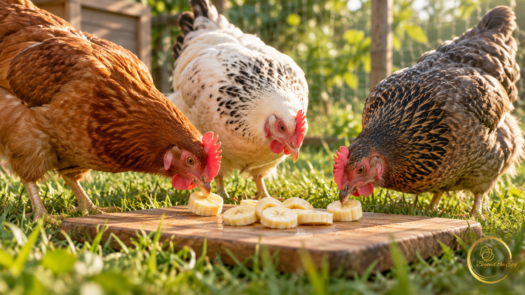 Three hens pecking at peeled banana slices on a wooden board.