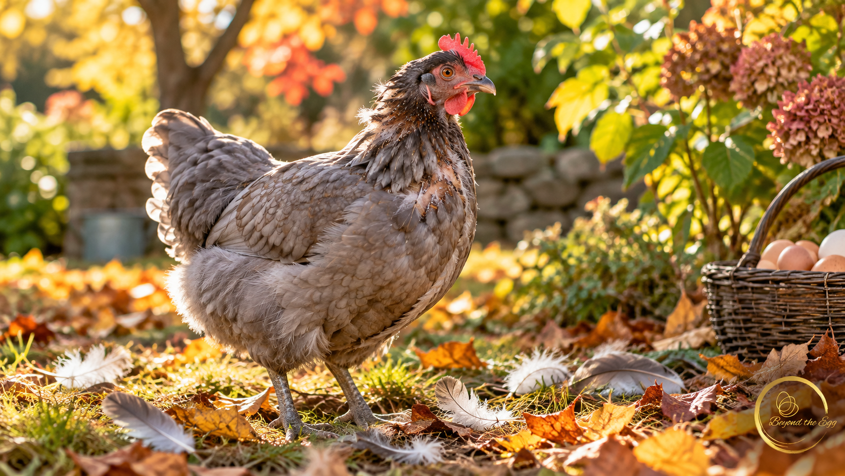 A gray hen with scruffy molting plumage standing among loose feathers and autumn leaves.