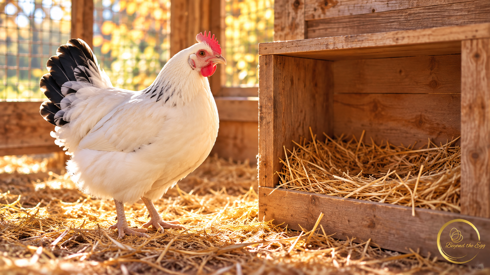 A white hen with a black tail standing beside an empty straw-lined nesting box.