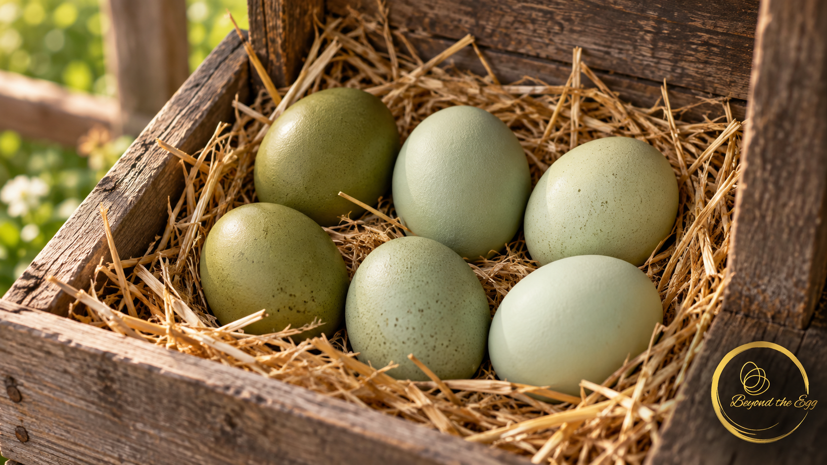 Six naturally colored olive, sage and pale-green chicken eggs on straw in a rustic wooden nesting box.
