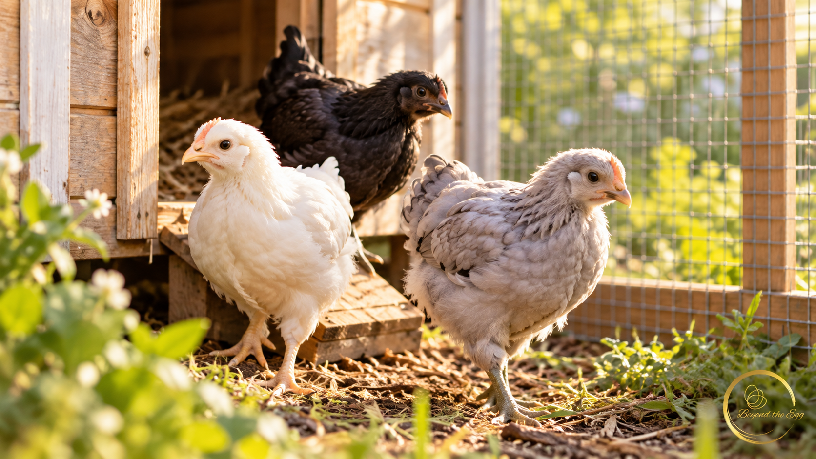White, black, and gray feathered juvenile chickens beside a wooden coop and covered run.