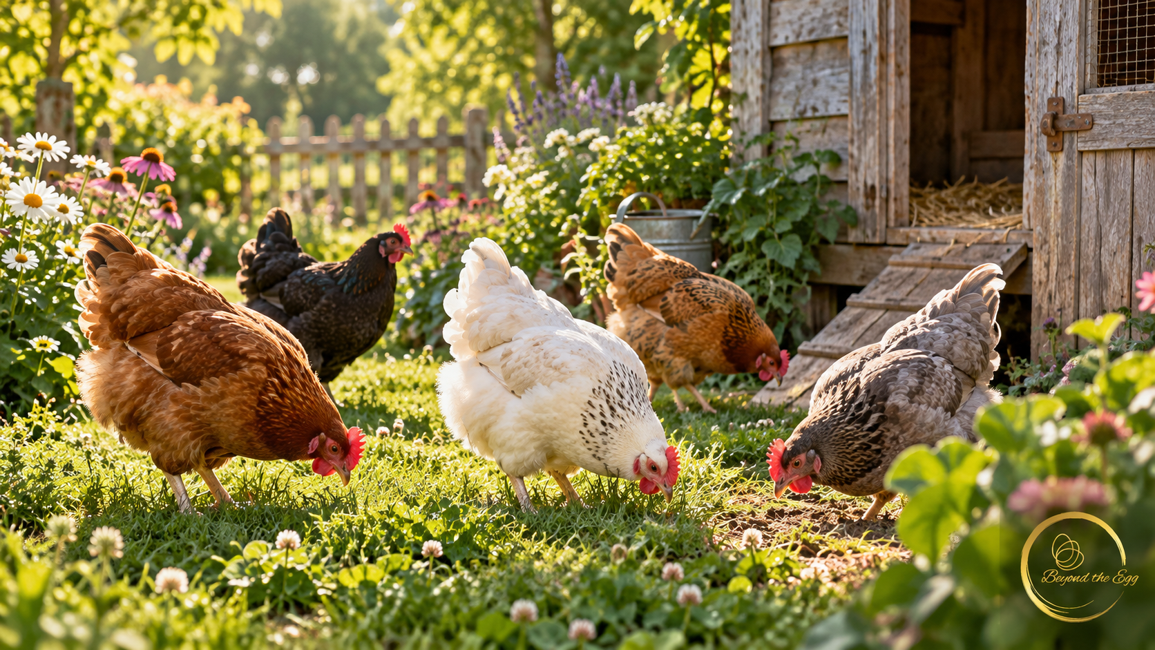 Healthy adult backyard hens foraging in a sunlit garden beside a rustic coop.