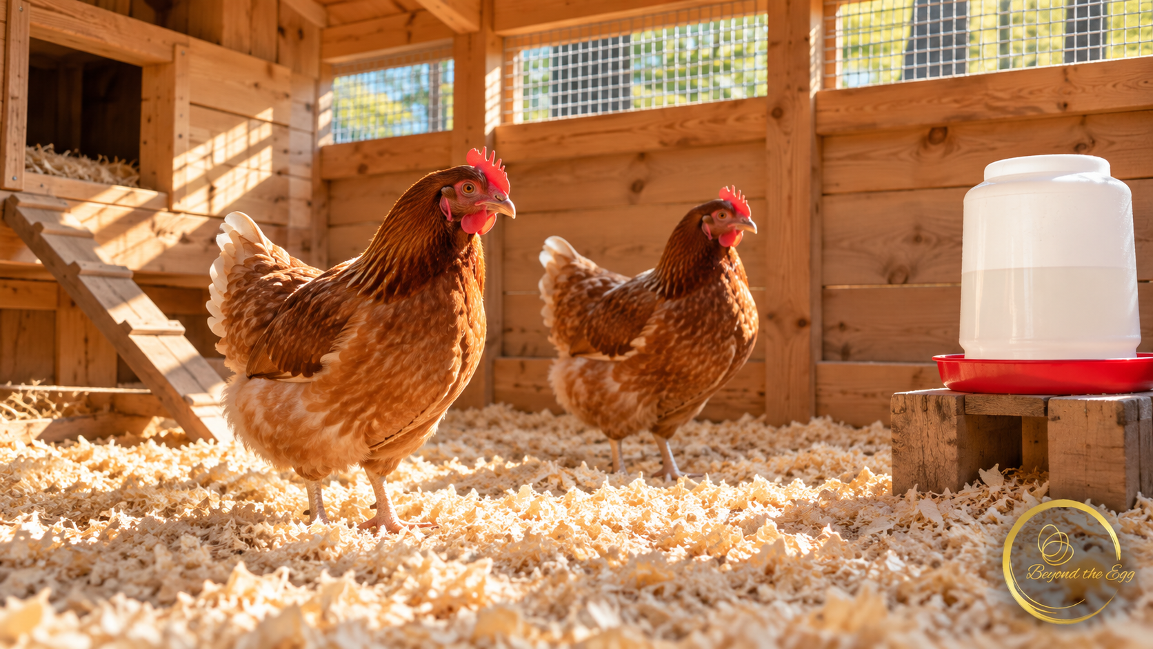 Two brown hens on dry pine shavings beside a raised waterer in a ventilated wooden coop.