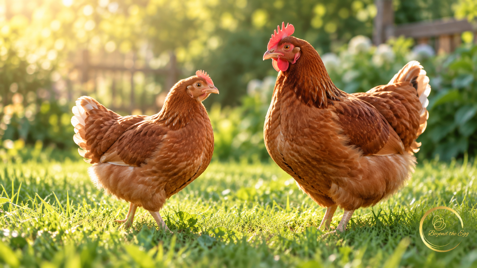 A young brown pullet beside a larger adult hen on green grass.