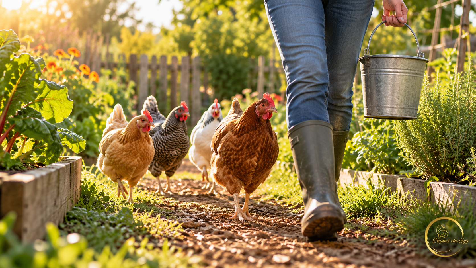 Four hens following a person in garden boots carrying a metal pail.