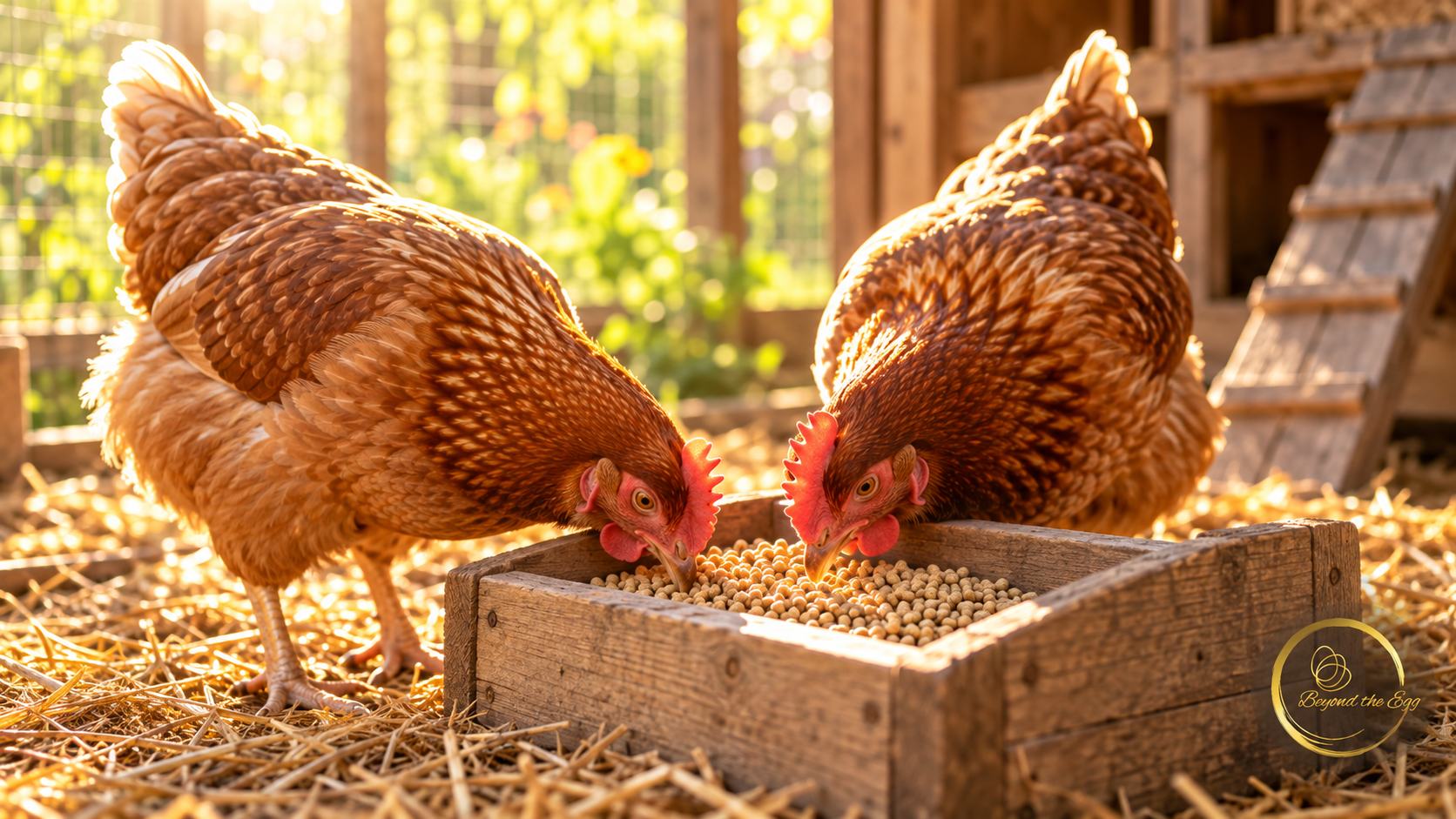 Two brown hens eating complete feed pellets from a wooden feeder.