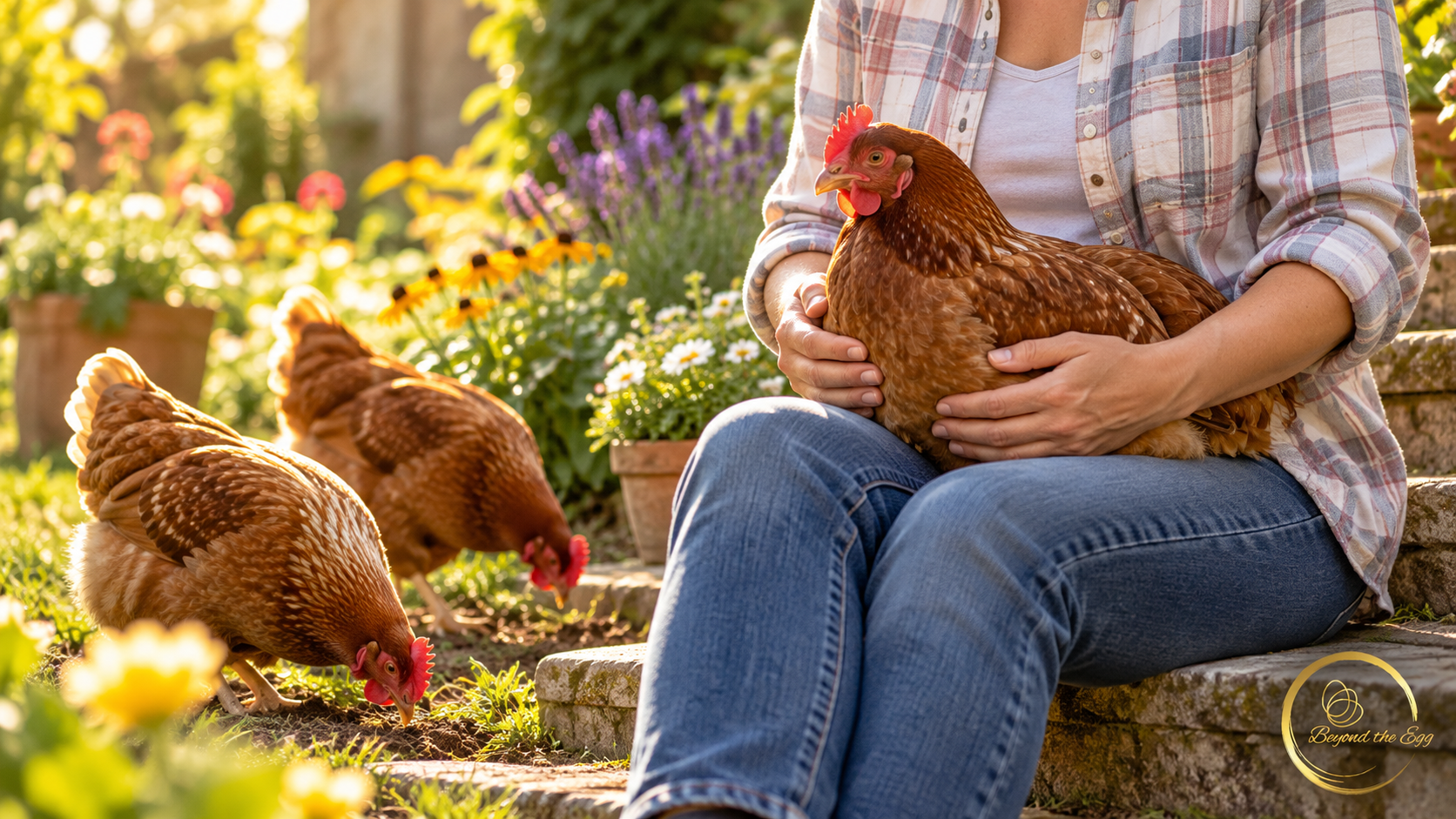 An adult sitting outdoors in a garden with a calm brown hen on their lap.