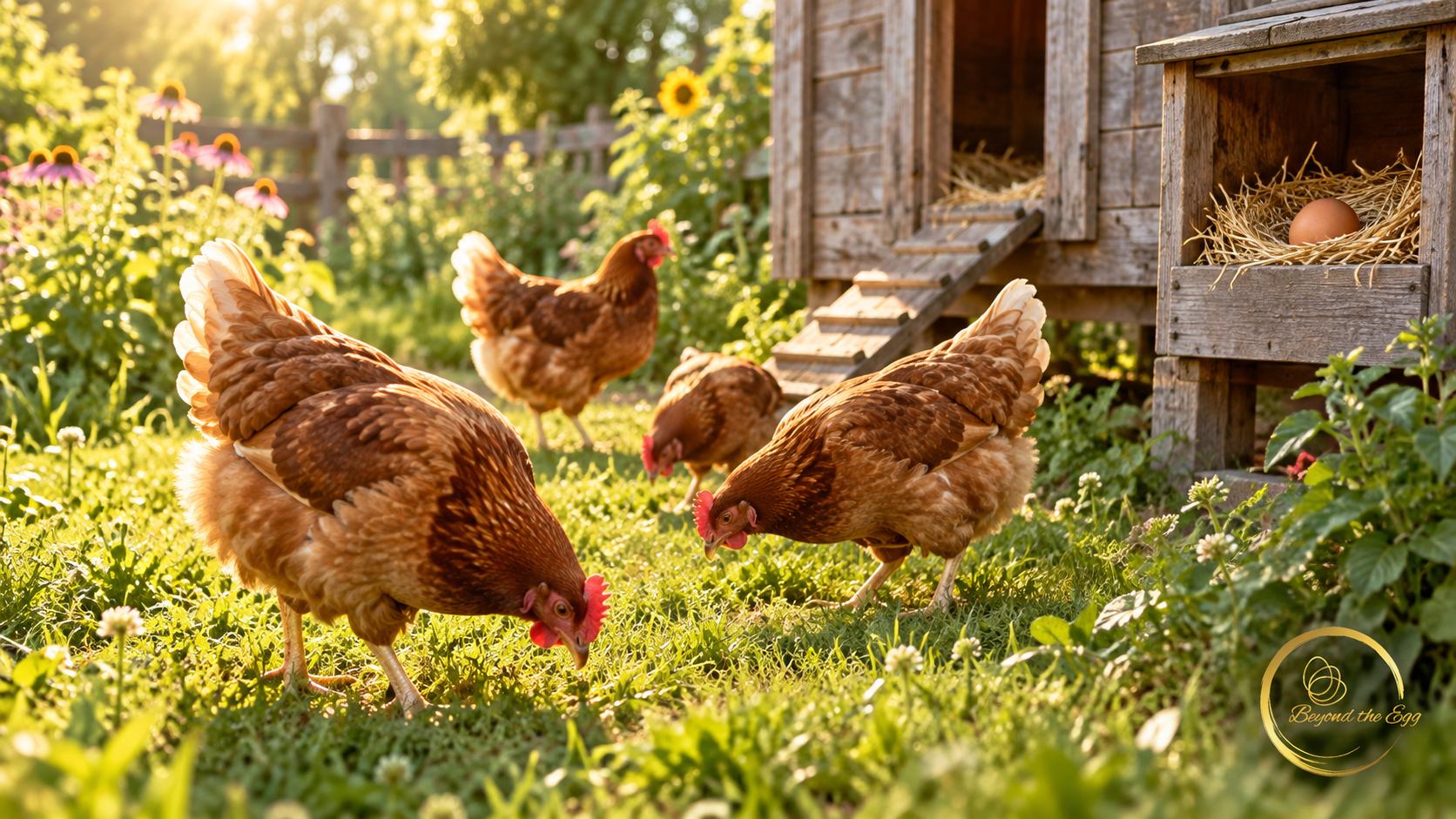 Brown hens foraging in a sunny backyard beside a nesting box with a brown egg.