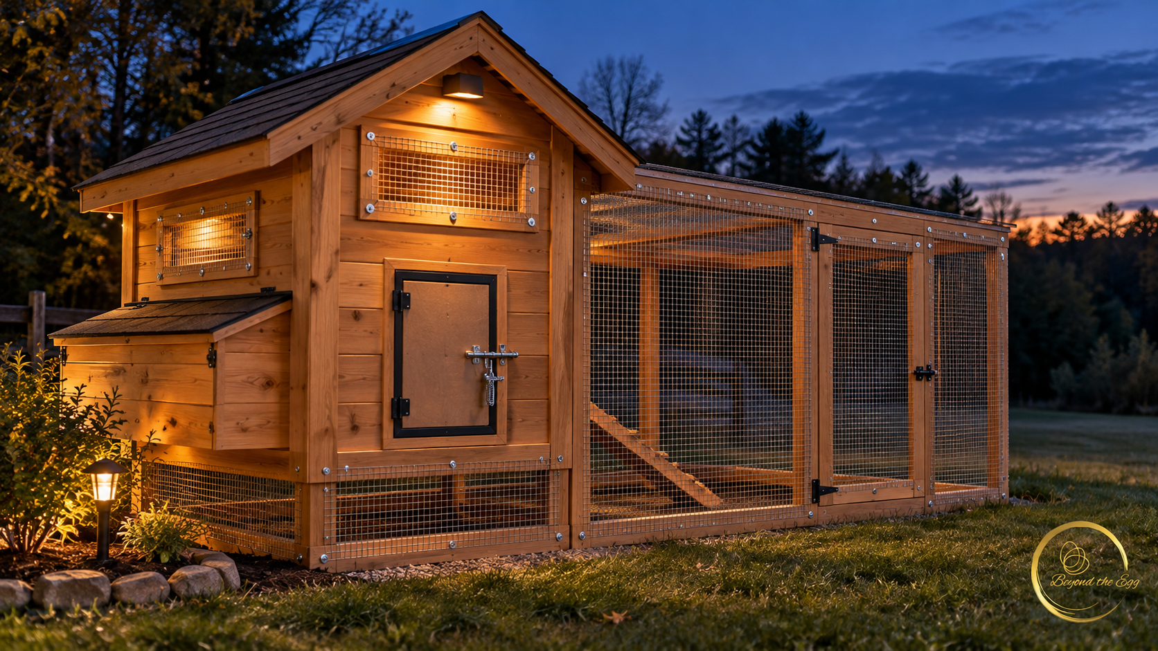 A closed wooden chicken coop and hardware-cloth run at dusk.