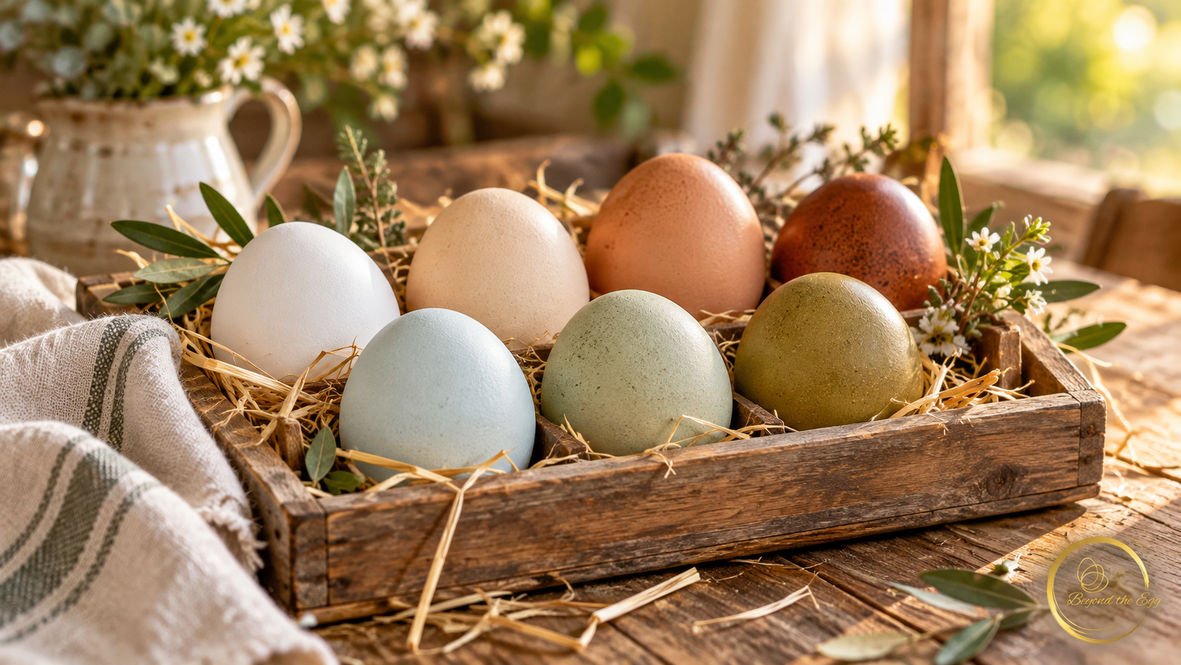 Naturally colored white, brown, blue, green and olive chicken eggs in a rustic wooden tray.