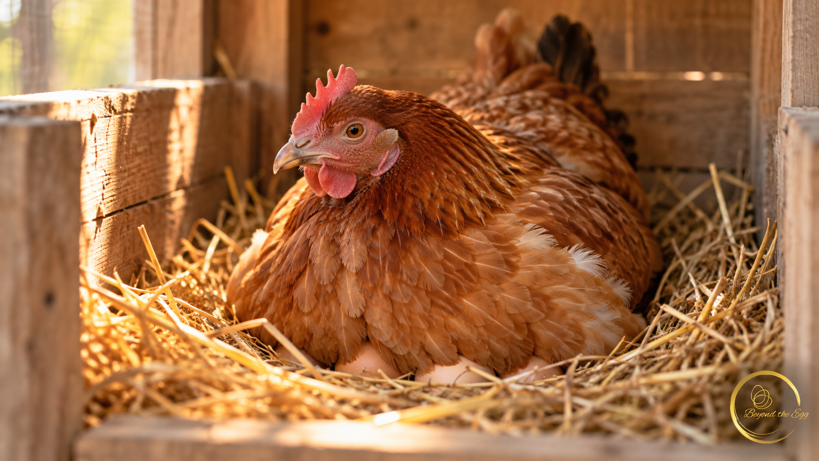 A puffed-up broody hen sitting in a straw nest box.