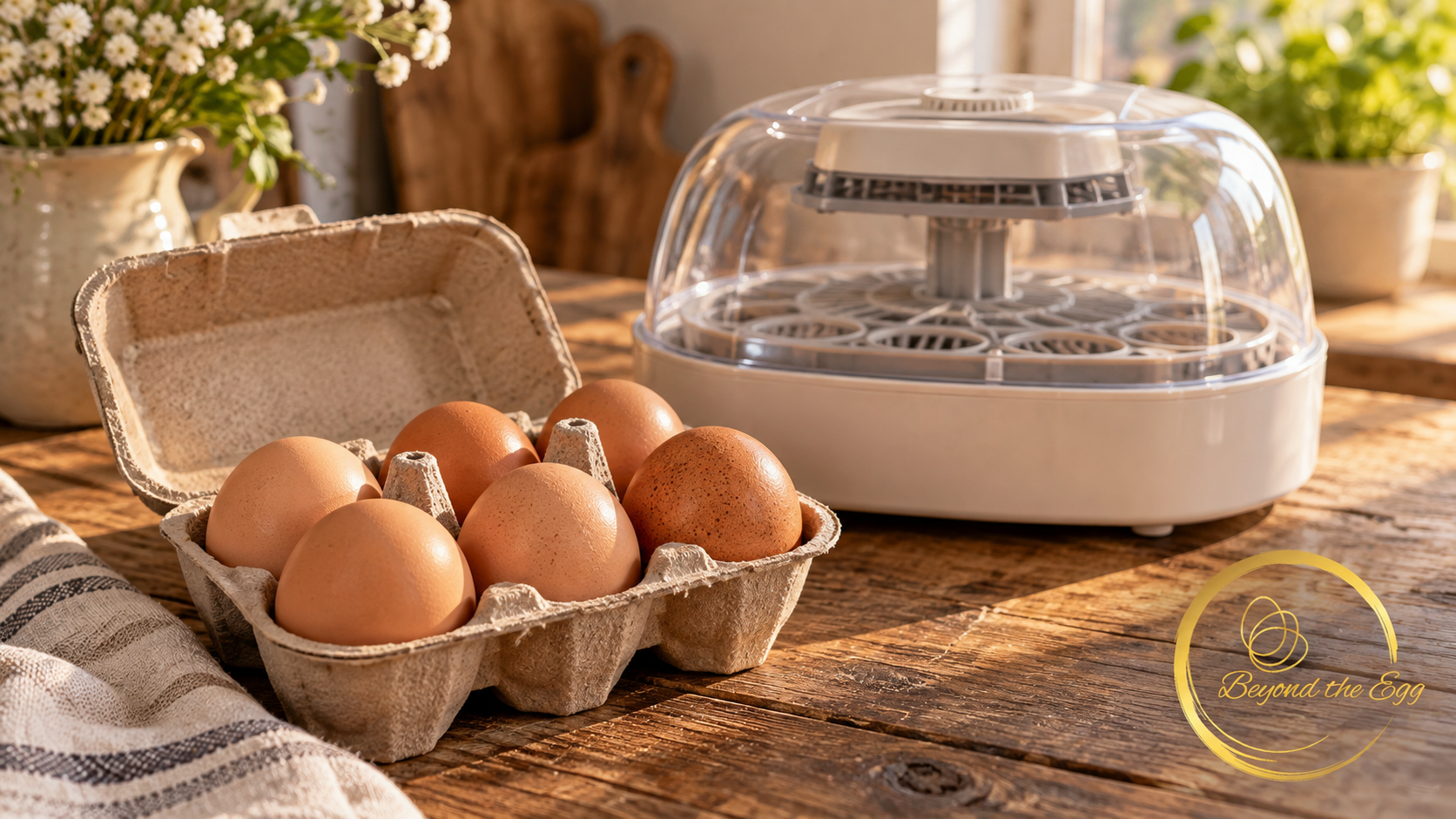 A carton of brown eggs beside a small tabletop incubator on a rustic kitchen table.