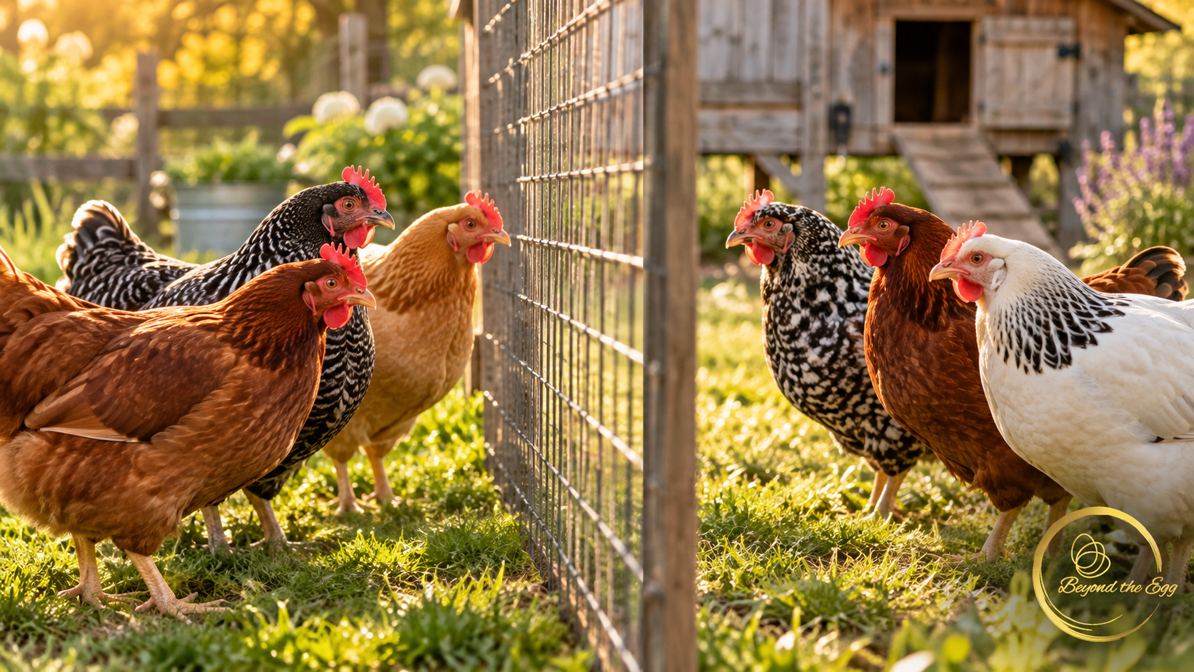 Two groups of hens meeting through a wire fence in a backyard run.