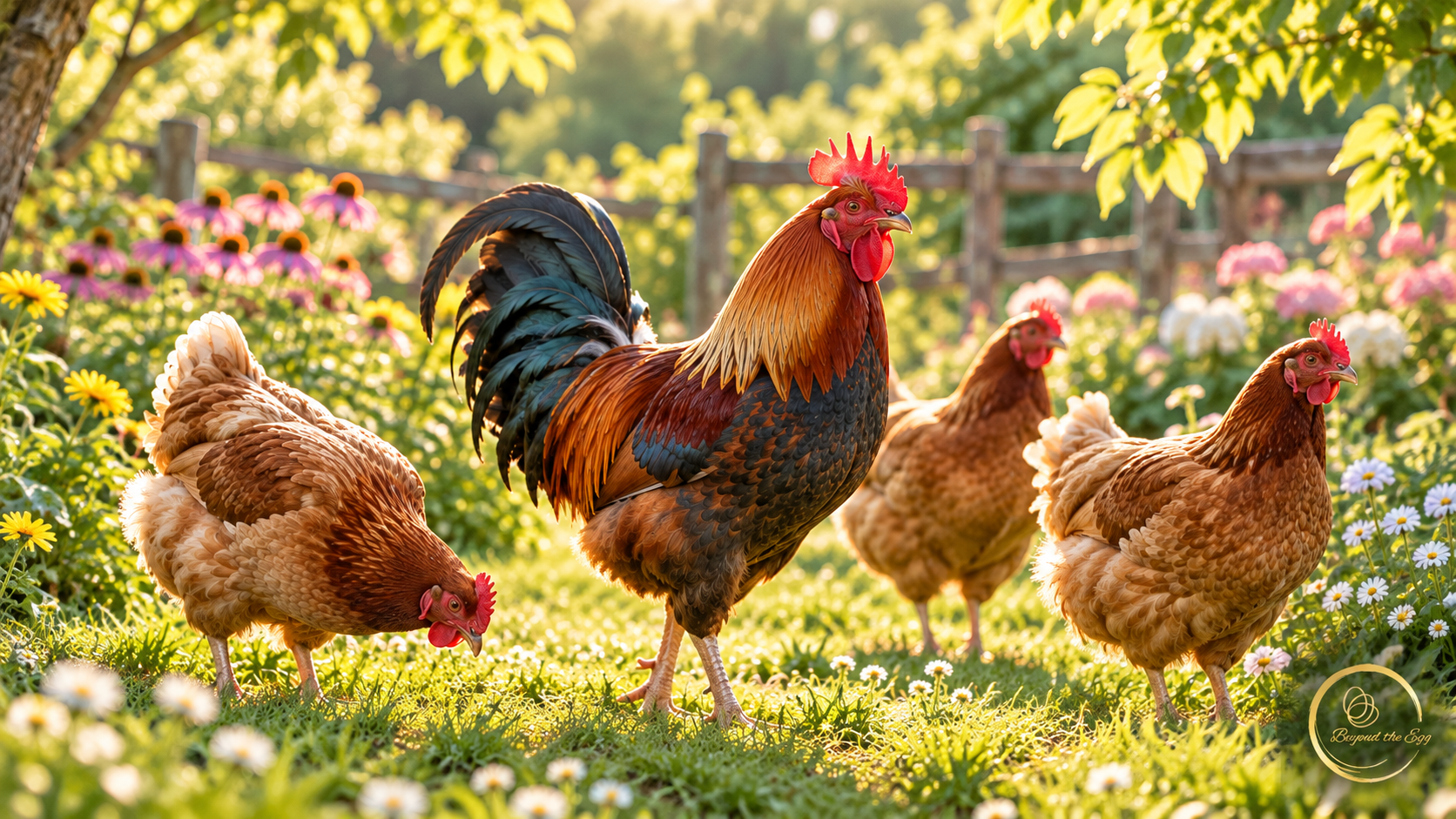 A rooster with three hens foraging in a sunny garden.