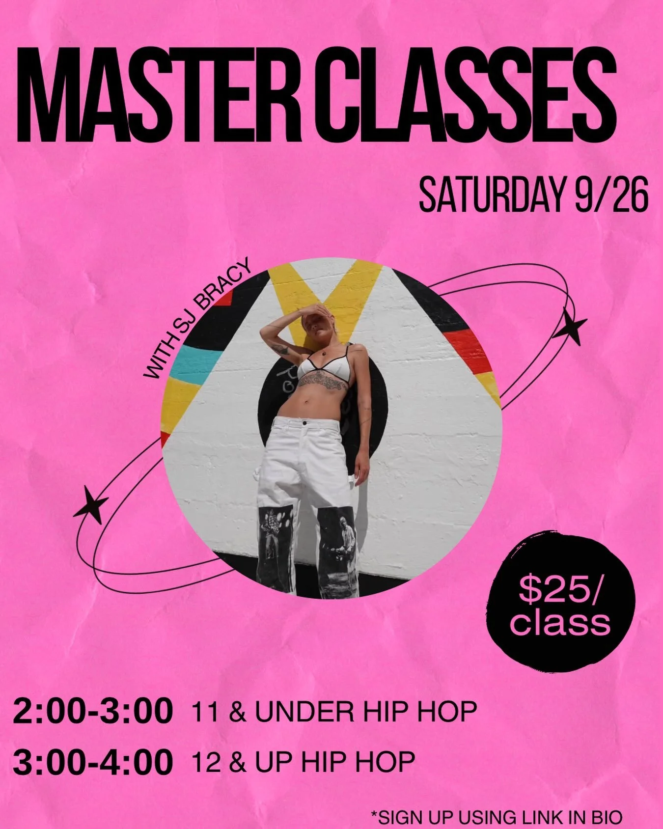 We are so excited to have SJ back for master classes! 🤩

🗓️ Saturday 9/26

✨ $25 per class 
✨ Open for anyone to join! 
✨ Fill out sign up form linked in bio and Venmo or Cash App payment to be registered 

2:00-3:00 11 &amp; Under Hip Hop
3:00-4:0