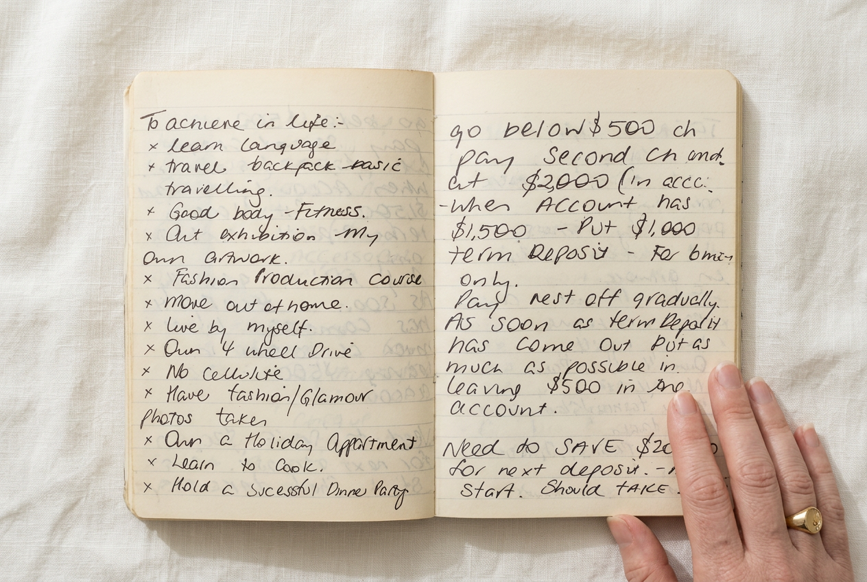 Handwritten “To achieve in life” goals from my twenties, including travel, creativity, independence and personal goals.
