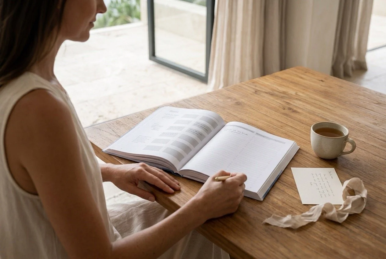 Woman writing in A Life in Goals beside a handwritten card and ribbon, showing a thoughtful keepsake gift becoming personal with use.