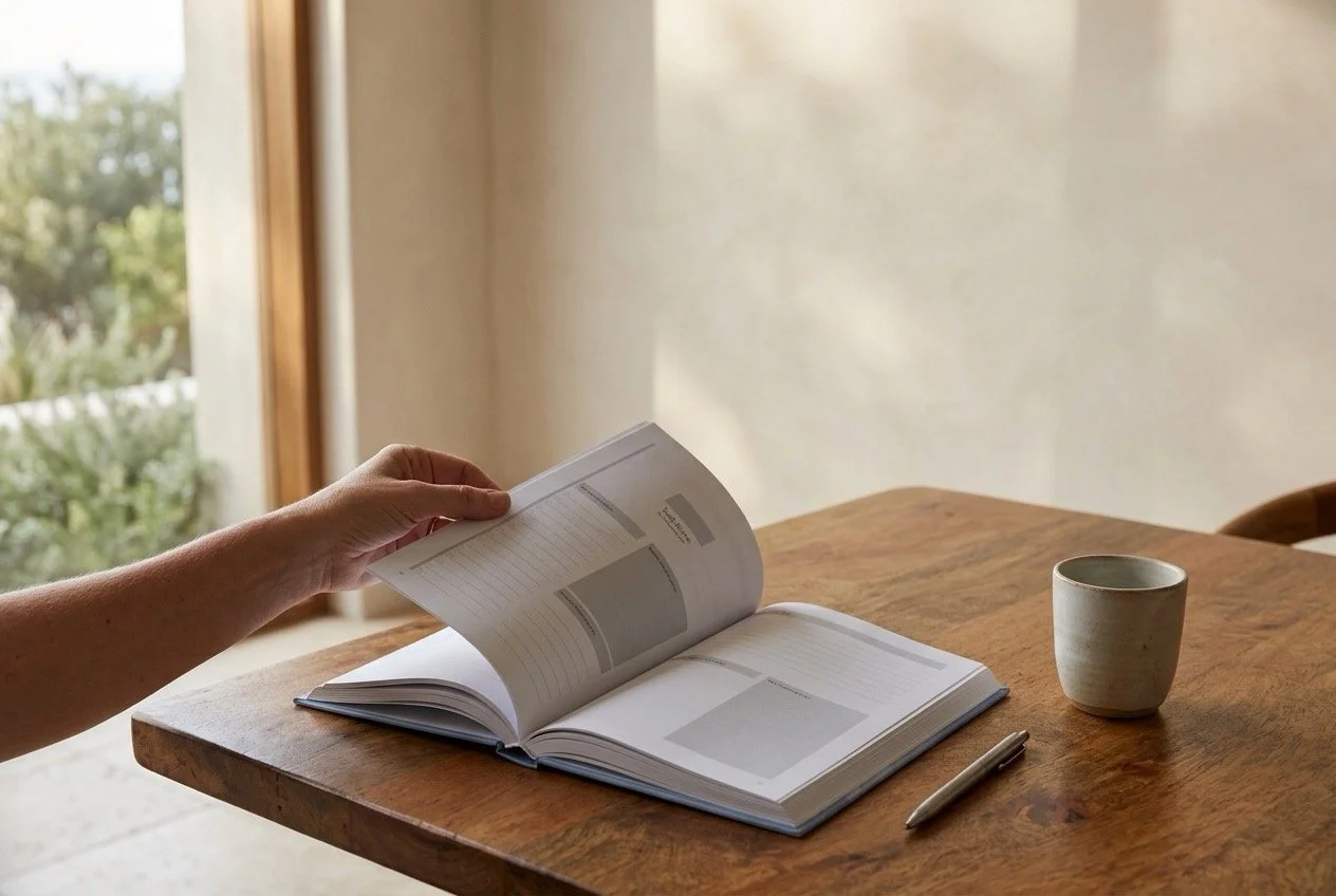 Hand turning pages of the A Life in Goals guided goal journal on a timber table, showing how to look through the journal before you start writing.