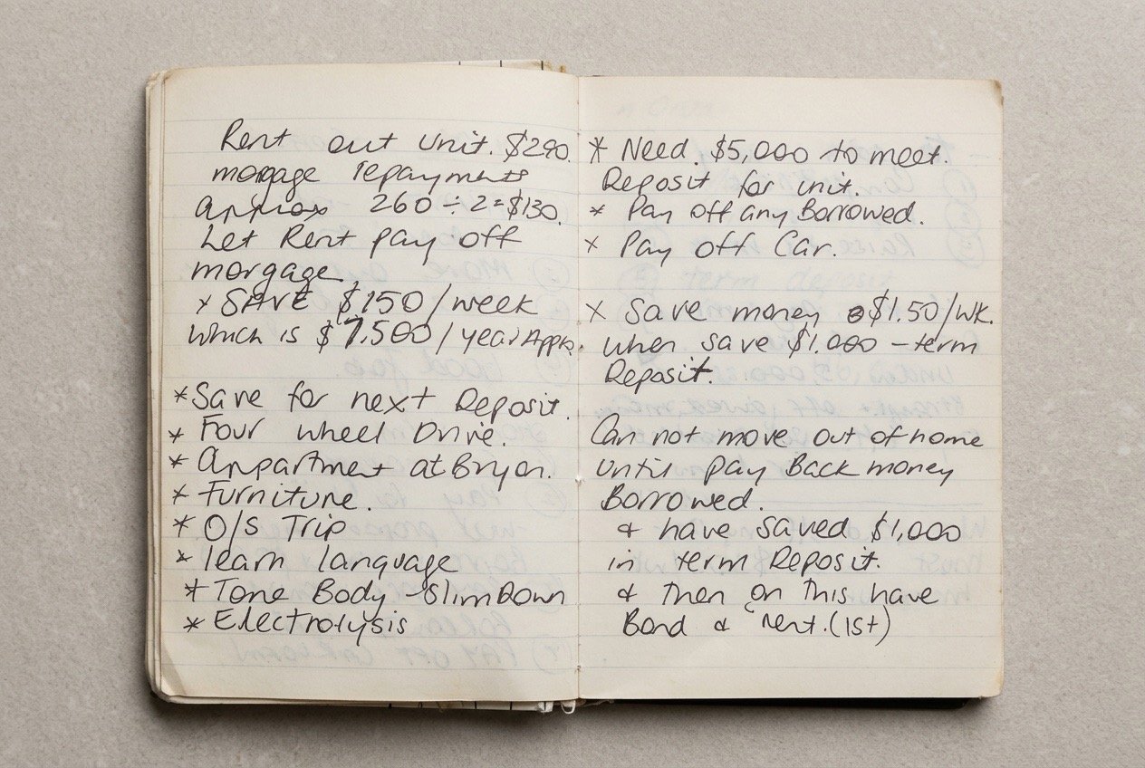 Original handwritten goals from the late 1990s covering saving, paying off debt, travel, moving out, furniture, learning a language and other plans from my twenties.