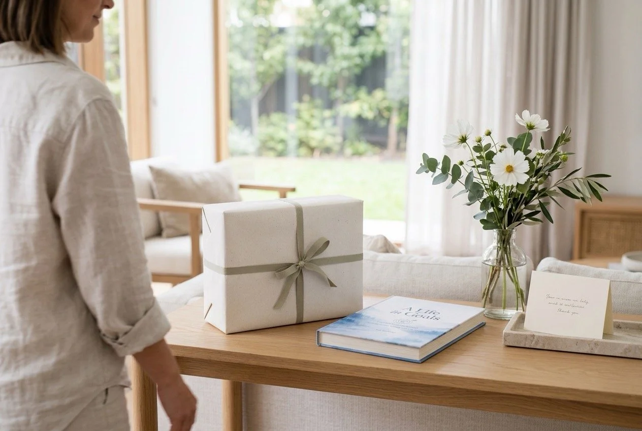 Thoughtful gift arrangement with A Life in Goals, a wrapped present, flowers and a handwritten card.