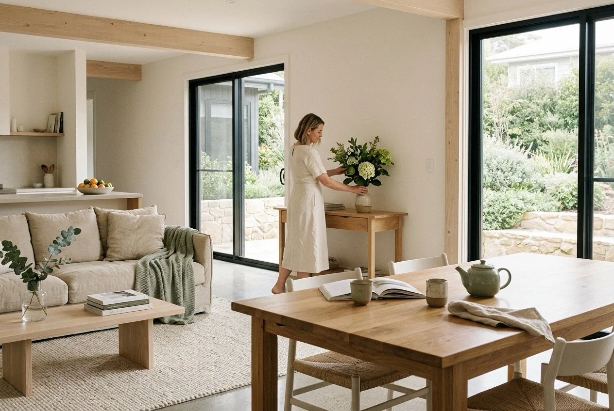 Woman arranging flowers in a calm, light-filled home, representing a life goal of creating a home you love.