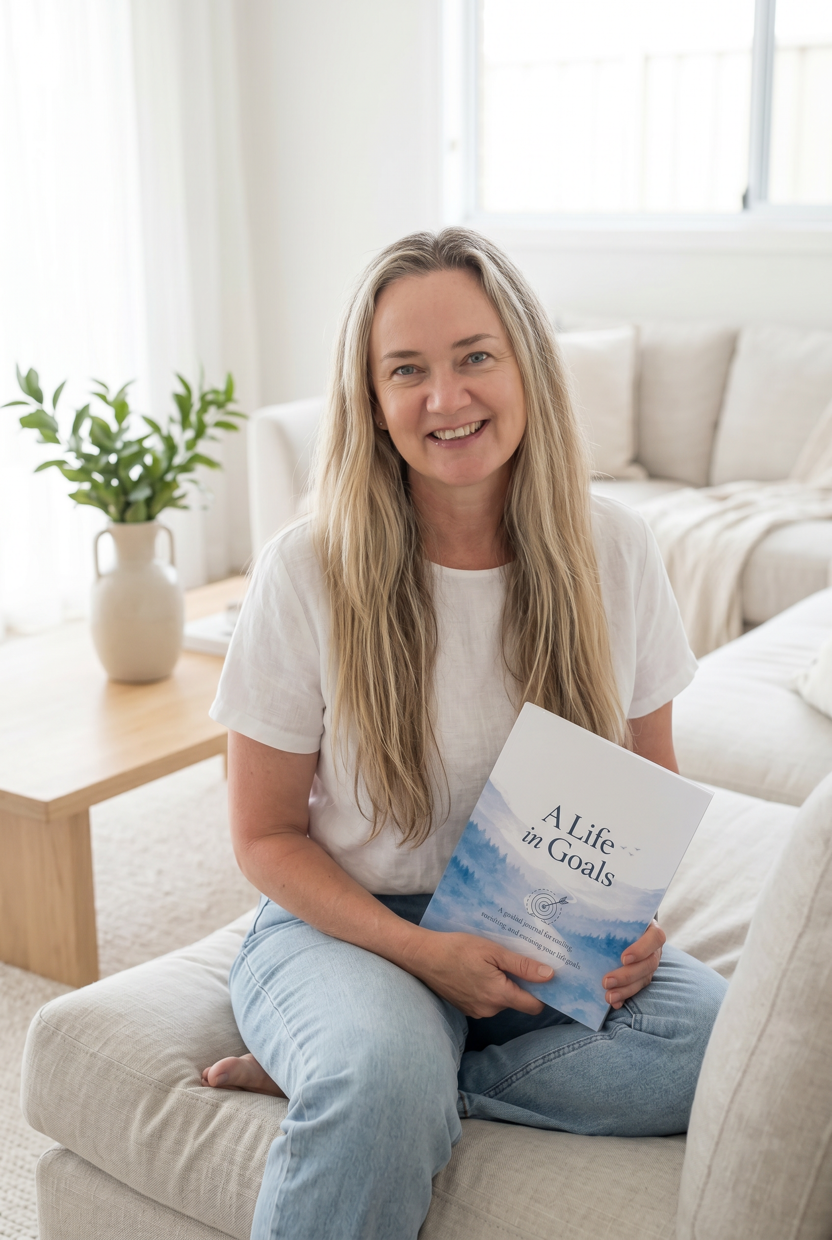 A smiling woman with long blonde hair sitting on a beige couch in a bright, modern living room, holding a book titled 'A Life in Goals'.