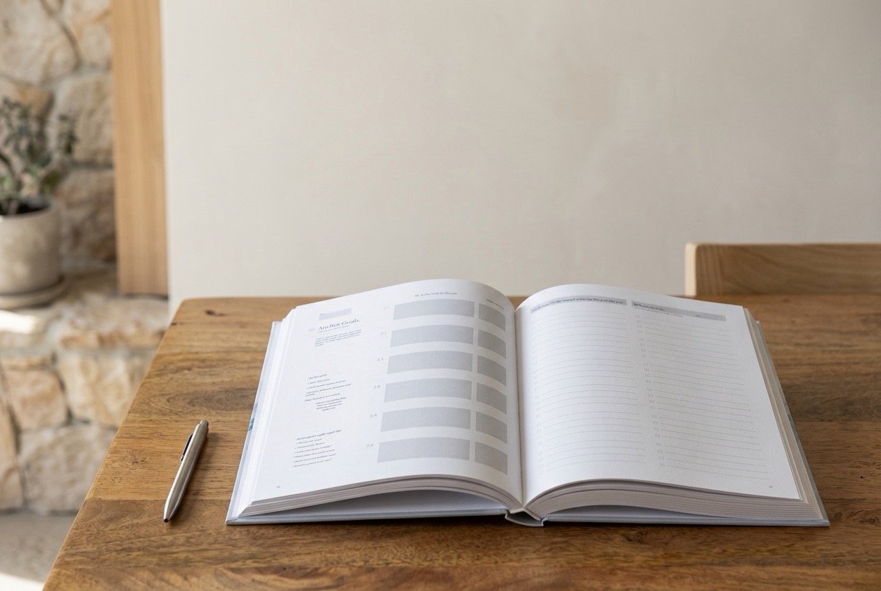 A Life in Goals guided goal journal open to the Anchor Goals section on a timber table, showing how to reflect on the foundations you want to protect.