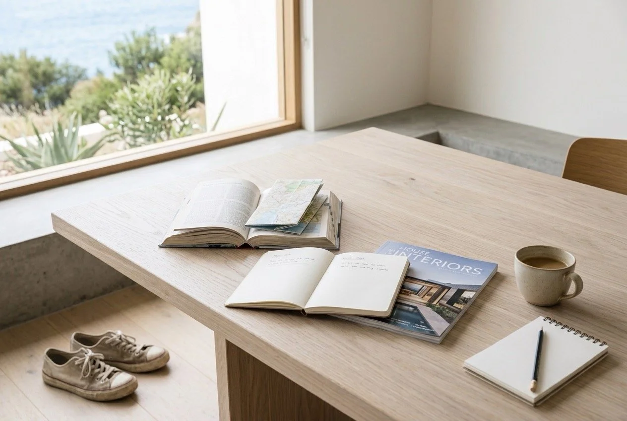 Maps, notebooks, travel and home inspiration spread across a table, representing examples of life goals such as travel, home, learning and personal growth.
